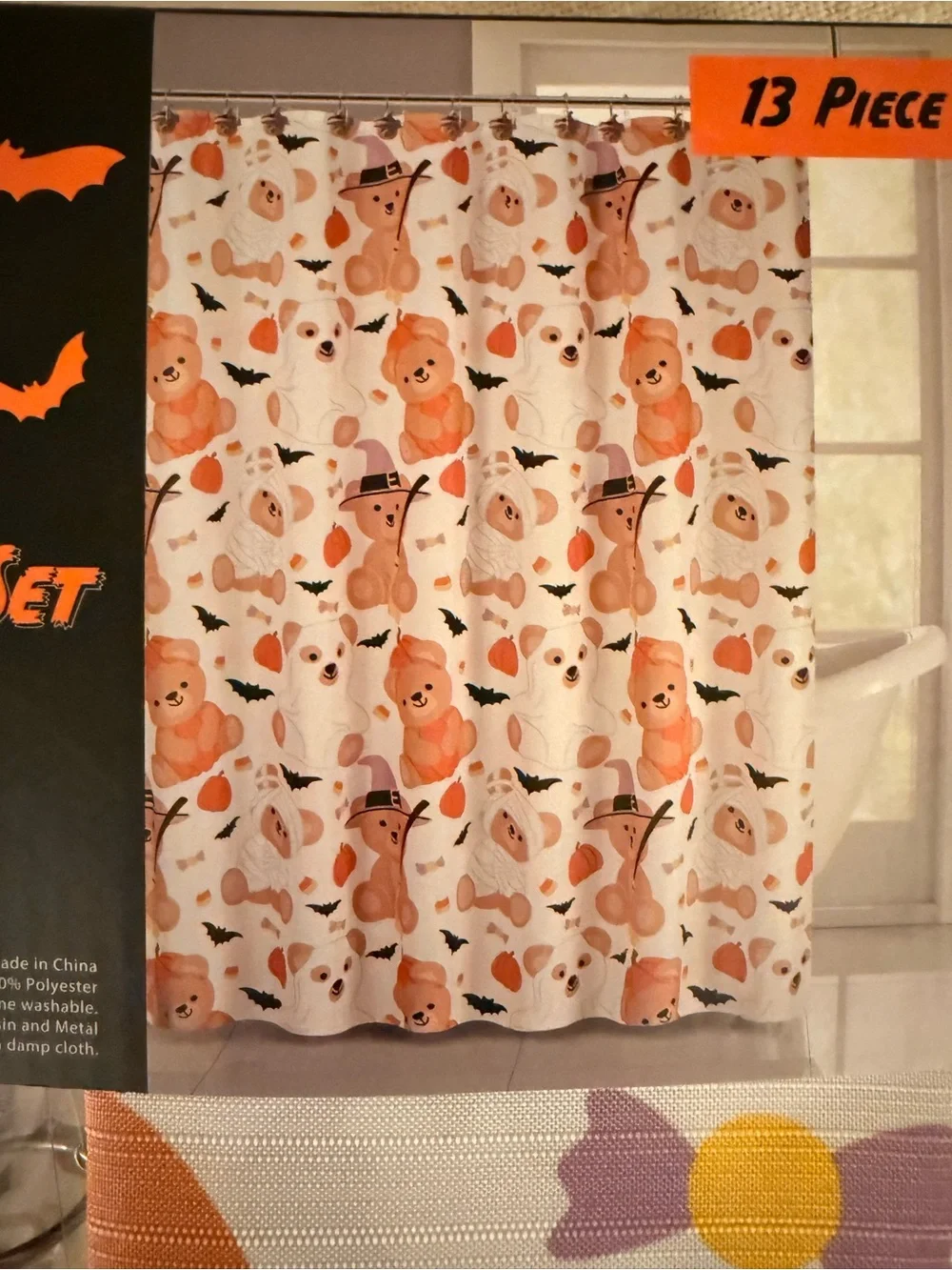 Orange Halloween Novelty Shower Curtain Set with Witch Bear Hooks